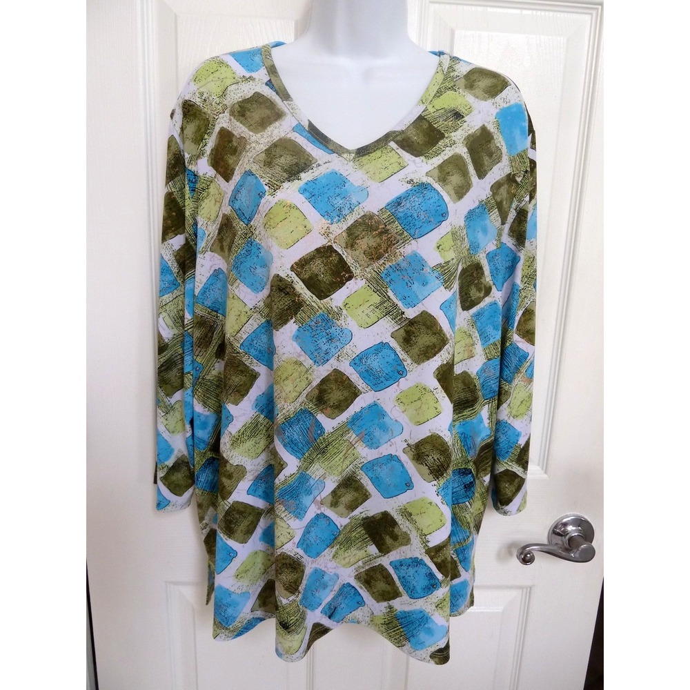 ALIA Women Sz 2X Pullover Top Artsy Colorful Geometric V-Neck 3/4 Sleeve Blouse